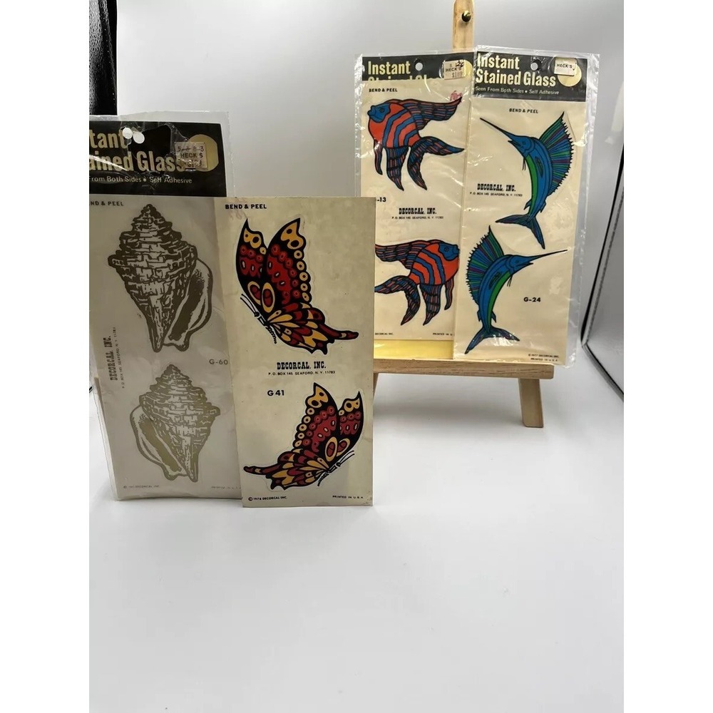 Vintage Window Clings Decals Stain Glass 1977/Fish,butterflies,shells